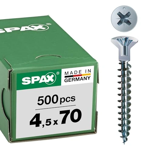 SPAX Universal screw with head hole, 4.5 x 70 mm, 500 pieces, Phillips Z2, small countersunk head (diameter 5 mm), full thread, WIROX A3J, 0271010450705