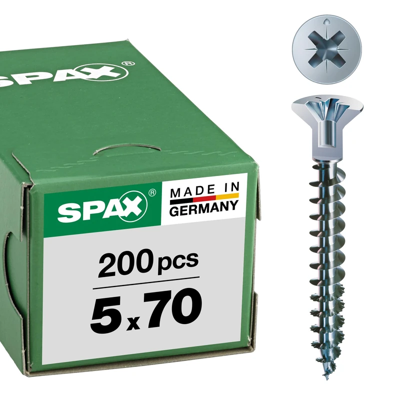 SPAX Wirox A3J 0271010500705 Universal Screw with Head Hole 5.0 x 70 mm, Pack of 200, Phillips Z2, Small Countersunk Head (Diameter 5 mm), Full Thread, Wirox A3J, Blank Galvanised,