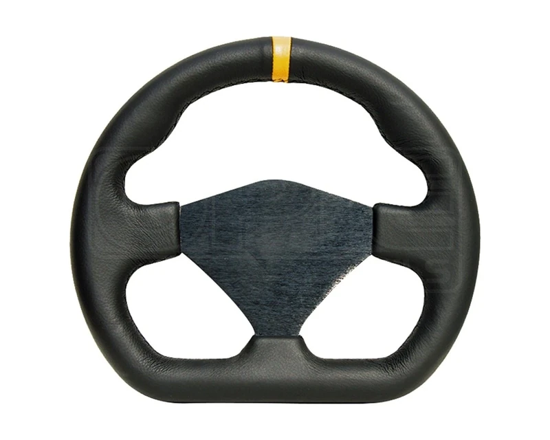 Mountney M25X3113B/S M Range Steering Wheel Black Anodised Centre ,D Shaped, 3 Spoke, Black Leather 250 mm in Size