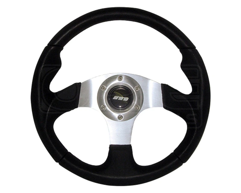 Mountney M30M311S M Range Steering Wheel , With Silver Anodised Center, 3 Spoke in Black Leather, 300mm in Size