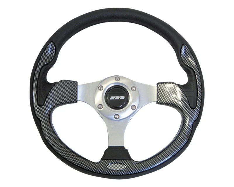 Mountney M32X3VV4S M Range Steering Wheel , Silver Anodised Center, 3 Spoke, Black Leather With Carbon Style Inset, 320mm In Diameter