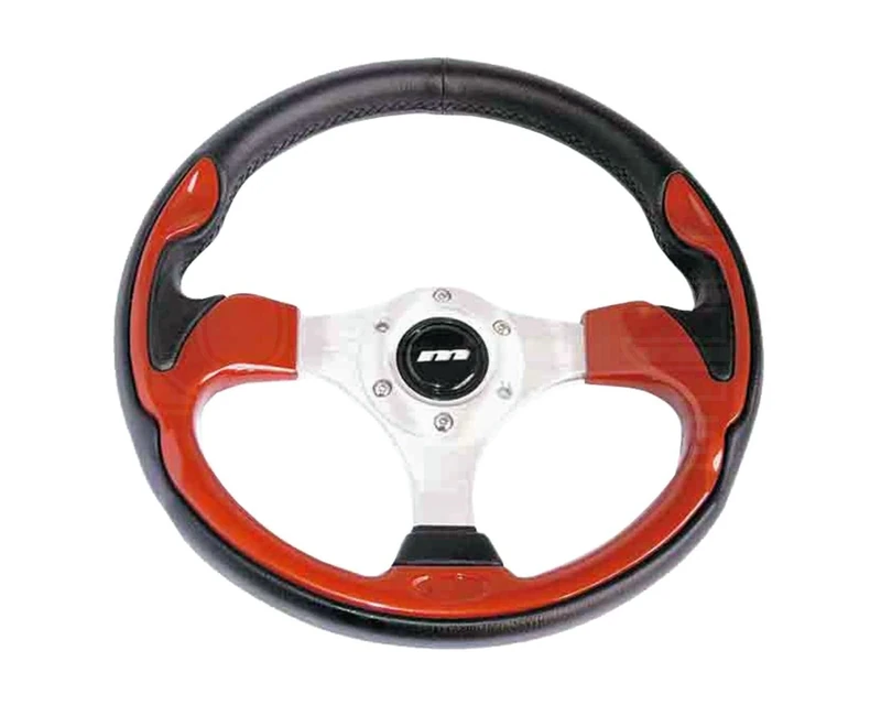Mountney M32X3VV6S M Range Steering Wheel , Silver Anodised Center, 3 Spoke, Black Leather With Metallic Red Inset, 320mm In Diameter
