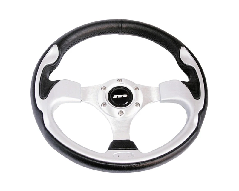 Mountney M32X3VV8S M Range Steering Wheel , Silver Anodised Center, 3 Spoke, Black Leather With Metallic Silver Inset, 320mm In Diameter