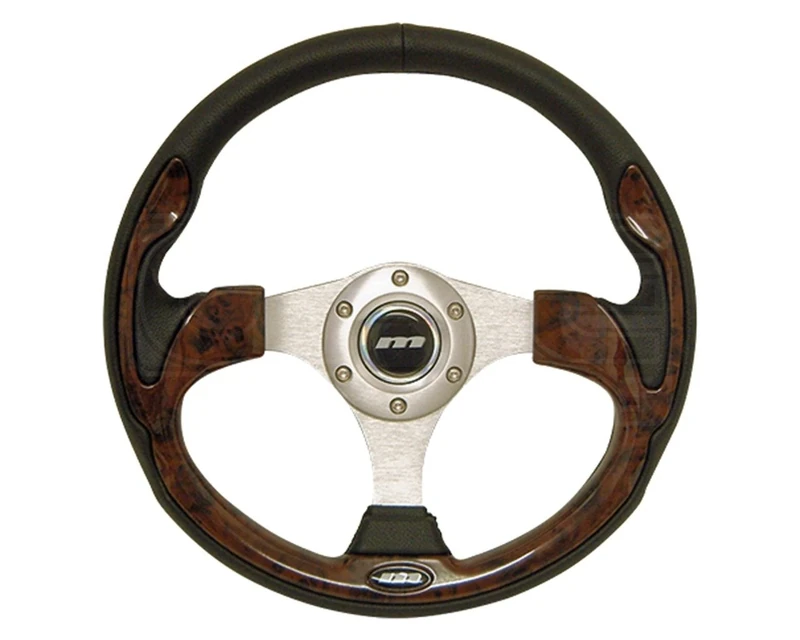 Mountney M32X3VV9S M Range Steering Wheel , Silver Anodised Center, 3 Spoke, Black Leather With Wood Look Inset, 320mm In Diameter