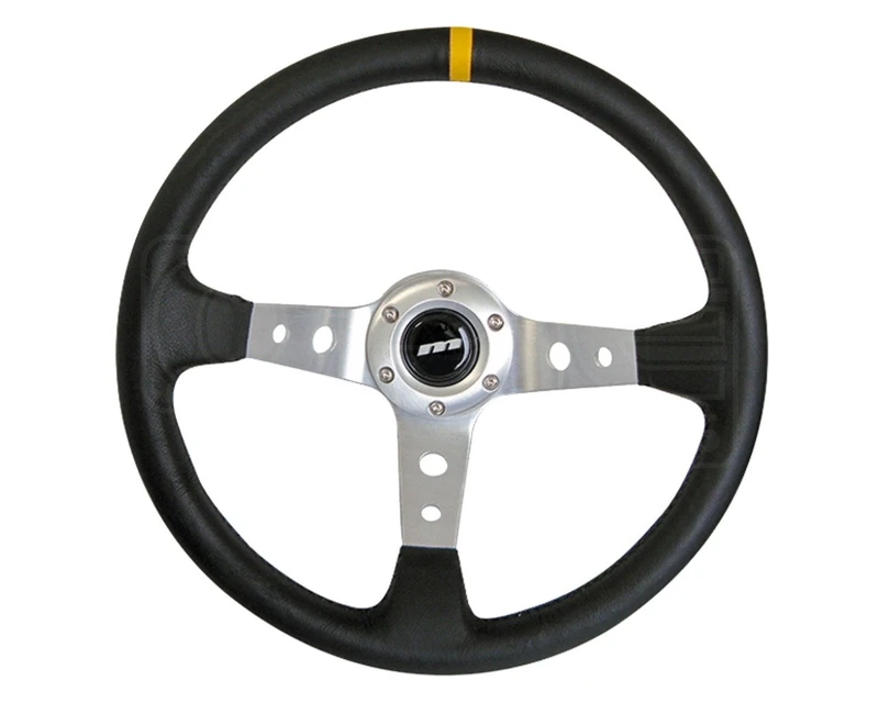 Mountney M34X3VV3S M Range Steering Wheel ,Silver Anodised Center, Deep Dished, Black Leather Rally Wheel, 3 Spoke, Black Alcantara, 340 mm In Size