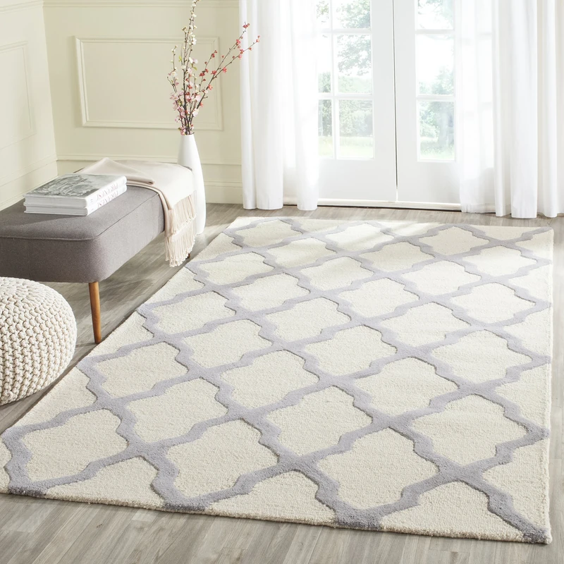 Safavieh Trellis Indoor Hand Tufted Rectangle Area Rug, Cambridge Collection, CAM121, in Ivory / Silver, 183 X 274 cm for Living Room, Bedroom or Any Indoor Space