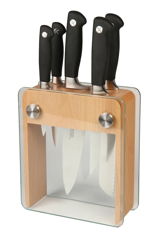 Mercer Culinary M20050 Genesis 6-Piece Stainless Steel Forged Knife Block Set in Wood Block with Tempered Glass, Black