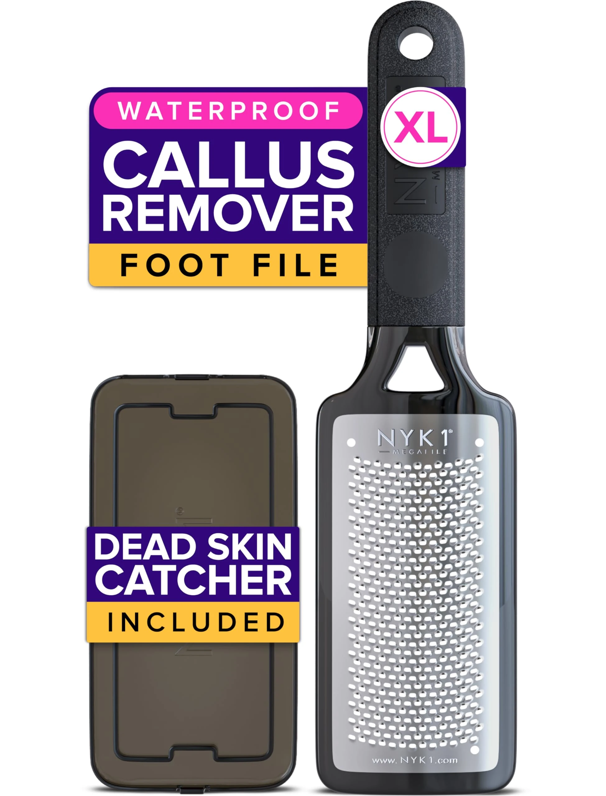 RUSTPROOF Foot File Callus Remover for Feet with Catcher (XL Size) NYK1 MEGAFILE Foot Files for Hard Skin Remover for Wet & Dry Use - High-Performance Scraper with Textured Grip for Non-Slip Control