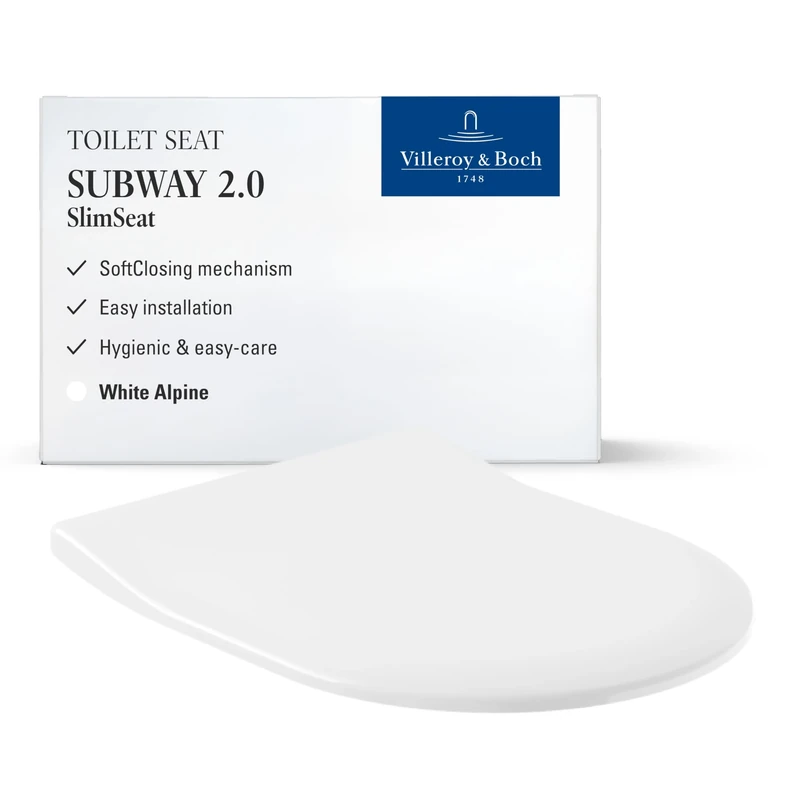 Villeroy & Boch Subway 2.0 SlimSeat toilet seat, toilet lid with soft-closing mechanism, removable toilet seat made from break-proof Duroplast, toilet lid original spare part, D-shape, White Alpine