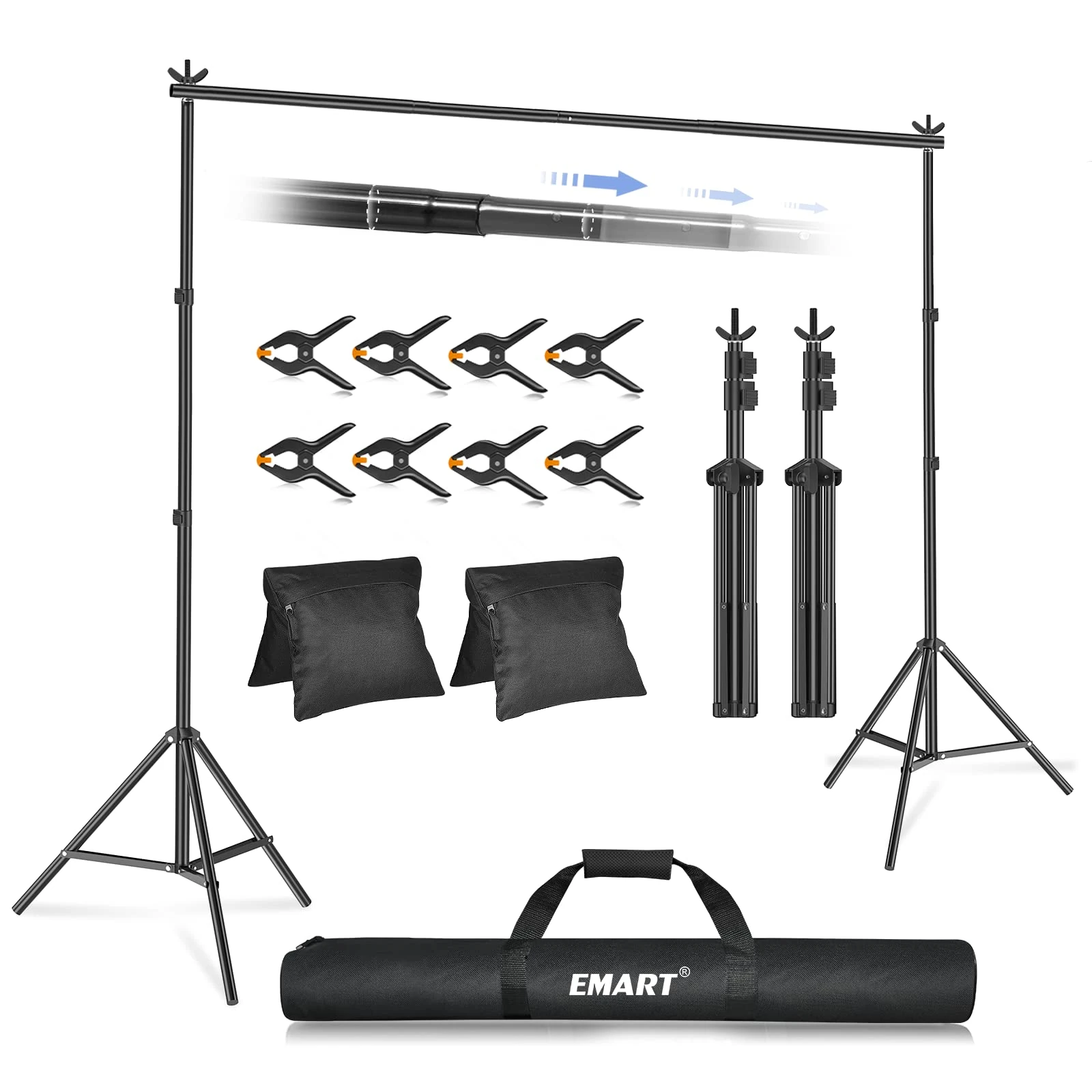 EMART Backdrop Stand 2mx3m(HxW) Photo Studio Adjustable Background Stand Support Kit with 2 Crossbars, 8 Backdrop Clamps,2 Sandbags and Carrying Bag for Parties Events Decoration - Black