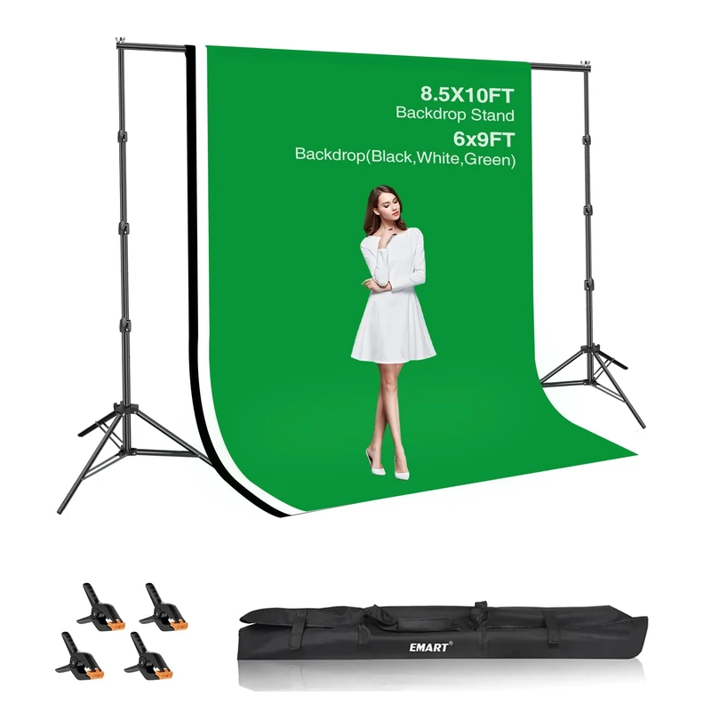 EMART Adjustable Backdrop Stand Kit, 8.5x10 ft (2.6x3.0 m) Photography Background Support System with 3 Backdrops (Black/White/Green, 1.8x2.8 m) for Portrait/Video/Photographic Studio