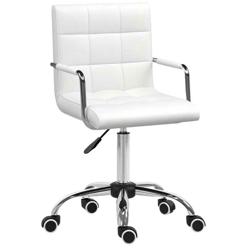 Vinsetto Makeup Vanity Chair, PU Leather Mid Back Office Chair with Adjustable Height, Armrest and Rolling Wheels, White