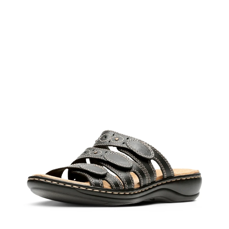 Clarks Women's Leisa Cacti Slide Sandal, Black Leather, 9 W US