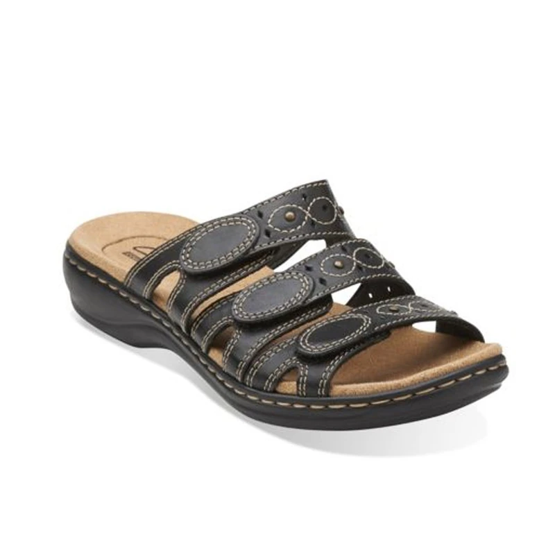 CLARKS Women's Leisa Cacti Slide Sandal, Black Leather, 11 Wide