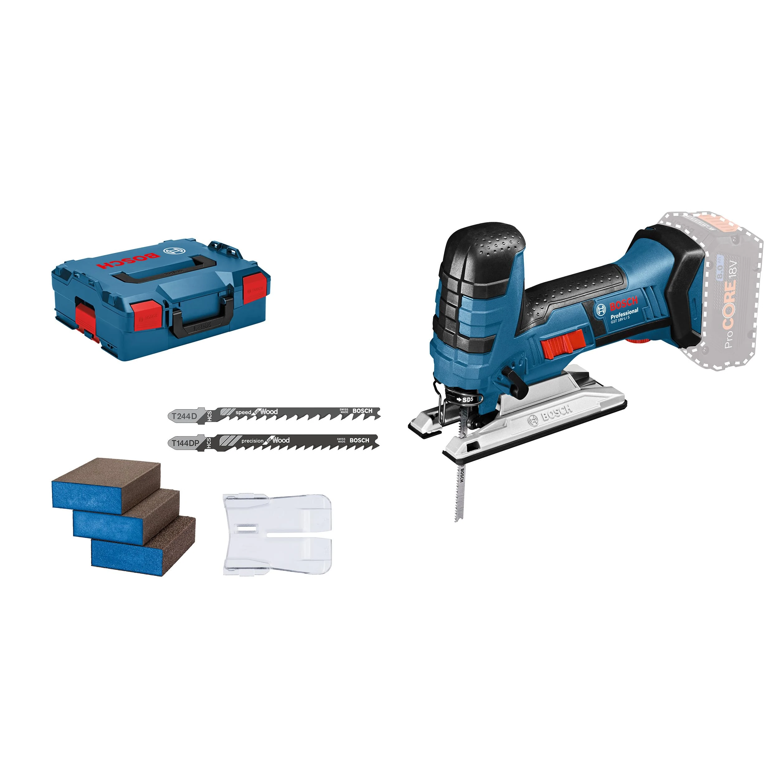 Bosch Professional 18V System Cordless Jigsaw GST 18 V-LI S (rod version, cutting depth in wood/alum./metal: 120/20/8 mm, 3 jigsaw blades, anti-splinter guard, without battery/charger, L-BOXX)