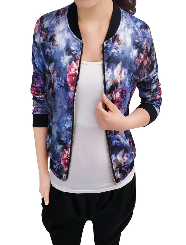 Allegra K Women's Stand Collar Lightweight Zip Up Floral Bomber Jacket Blue L