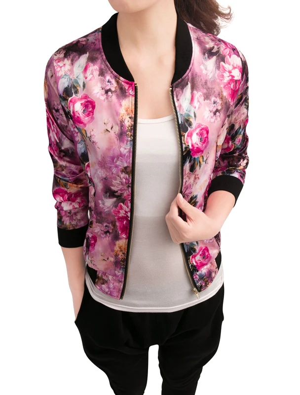 Allegra K Women's Stand Collar Lightweight Zip Up Floral Bomber Jacket Fuchsia M