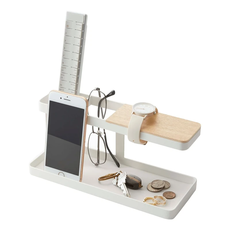 Yamazaki 2299 TOWER Desk Organizer, White, Steel/Wood, Minimalist Design, 24.5 x 9.7 x 11.3 cm (LxWxH)