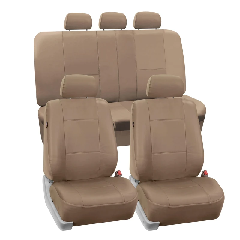 FH GROUP FH-PU002115 Classic PU Leather Car Seat Covers Airbag Compatible And Split Bench PU Leather Solid Beige