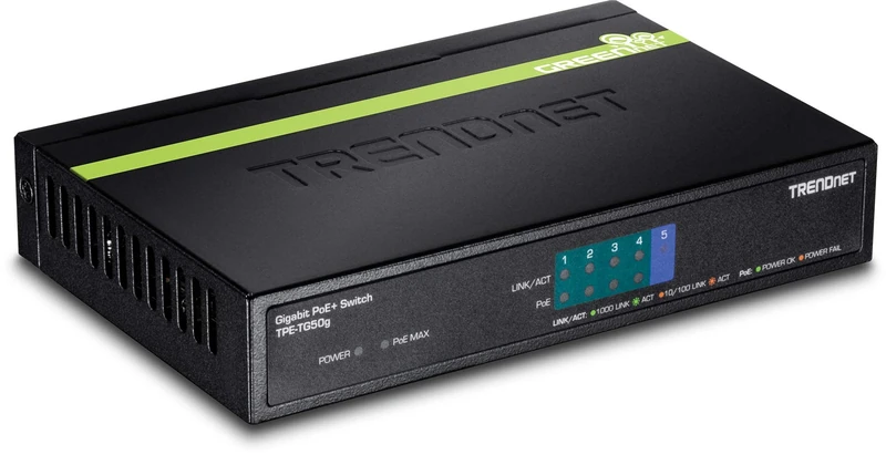 TRENDnet 5-Port Gigabit PoE+ Switch, 31 W PoE Budget, 10 Gbps Switching Capacity, Data & Power Through Ethernet To PoE Access Points And IP Cameras, Full & Half Duplex, Black, TPE-TG50g