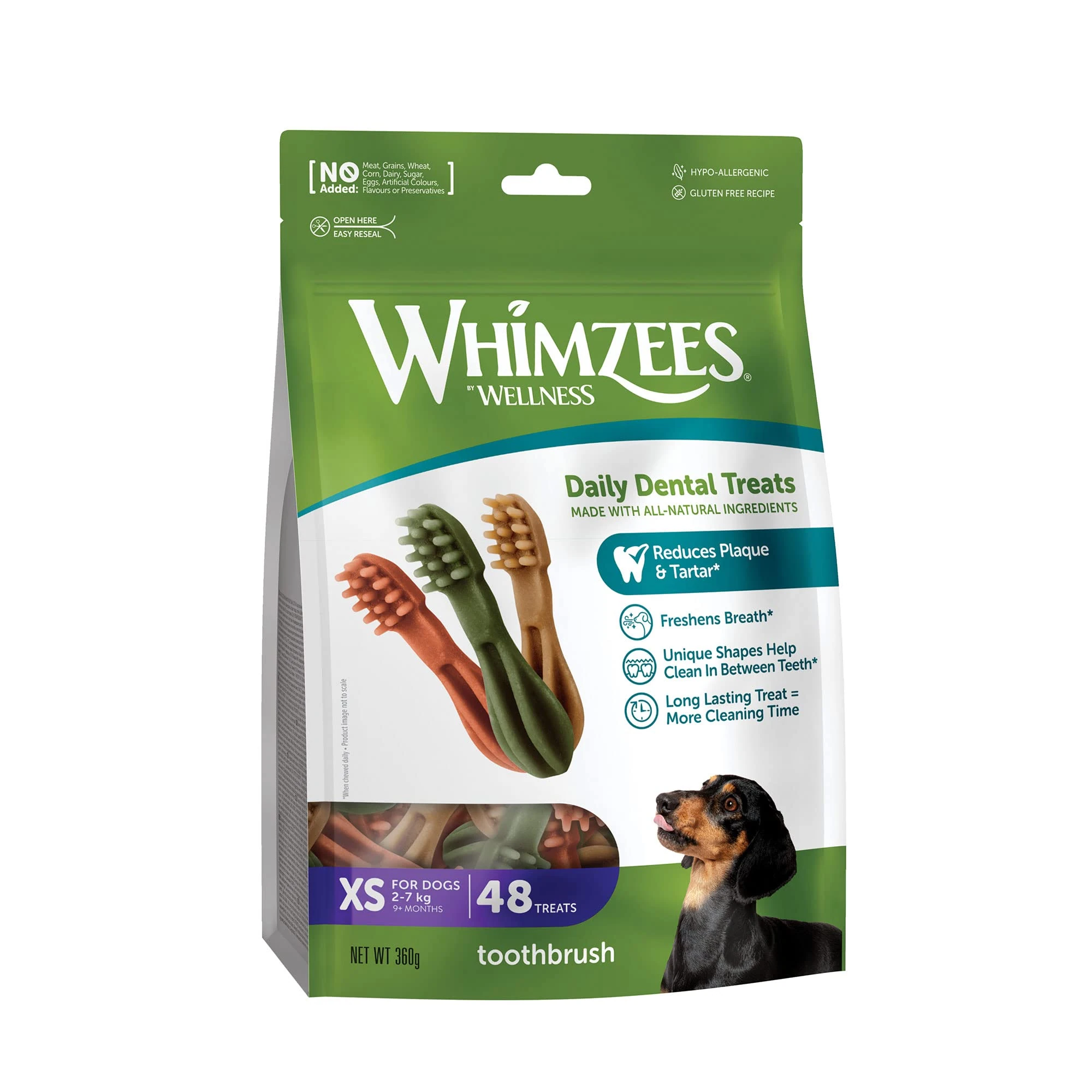 WHIMZEES By Wellness Toothbrush, Natural and Grain-Free Dog Chews, Dog Dental Sticks for Extra Small Breeds, 48 Pieces, Size XS
