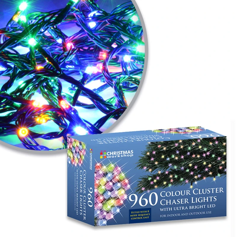 The Christmas Workshop 78460 960 Multi-Coloured LED Chaser Cluster Christmas Lights / Indoor and Outdoor Fairy Lights / 13.9 Metres Long / 8 Light Modes / Christmas, Weddings, Gardens & More