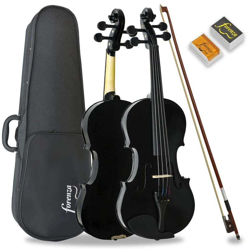 Forenza Uno Series 3/4 Size Violin Outfit for Beginners with Lightweight Hard Case, Wood Bow, Rosin, Steel Core Strings - Black