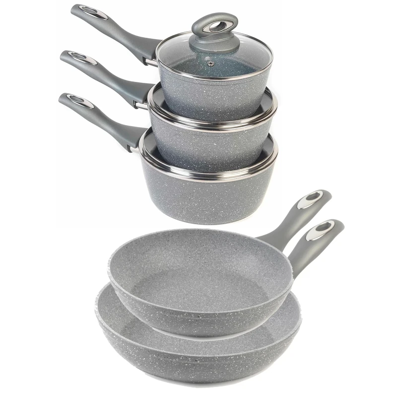 Salter COMBO-6440 Pot and Pan Set, 5 Piece with 16/18/20cm Saucepans, 20/24cm Frying Pans, Non-Stick, Induction Suitable, Cooking Pots with Lids, Forged Aluminium, Marblestone Collection, Grey