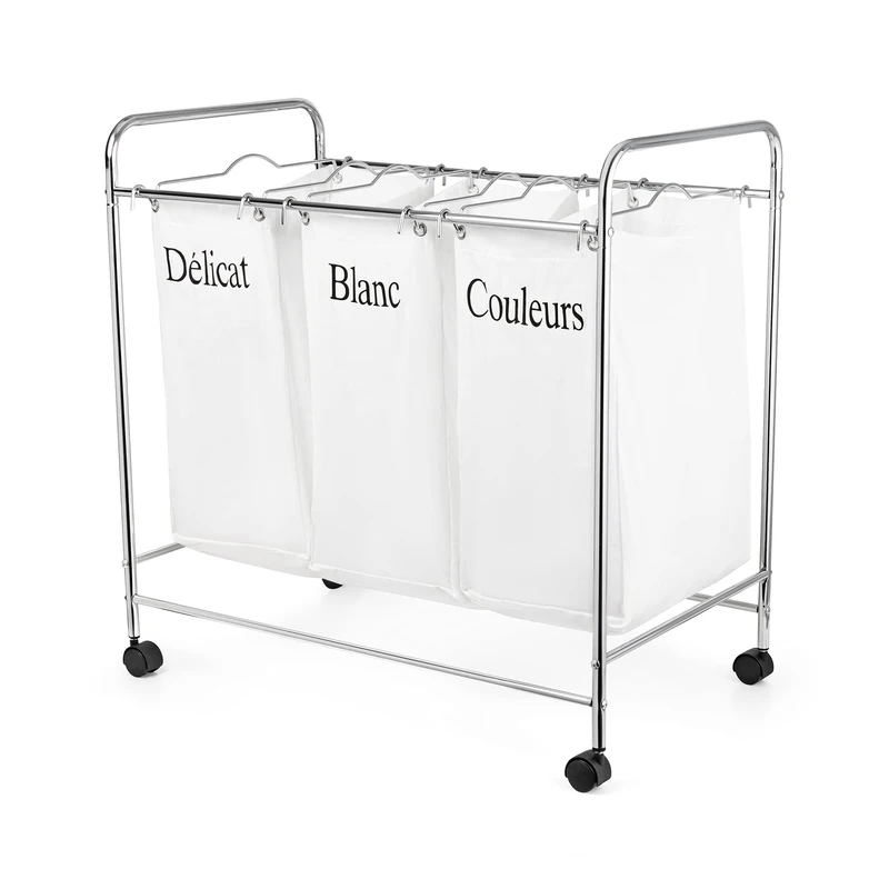 Compactor Life Collection XL Triple Laundry Hamper - Nature, White, 74X45.5X75 cm, Steel Tube With Chrome Plated Finishing and Polycotton Fabric, RAN2594