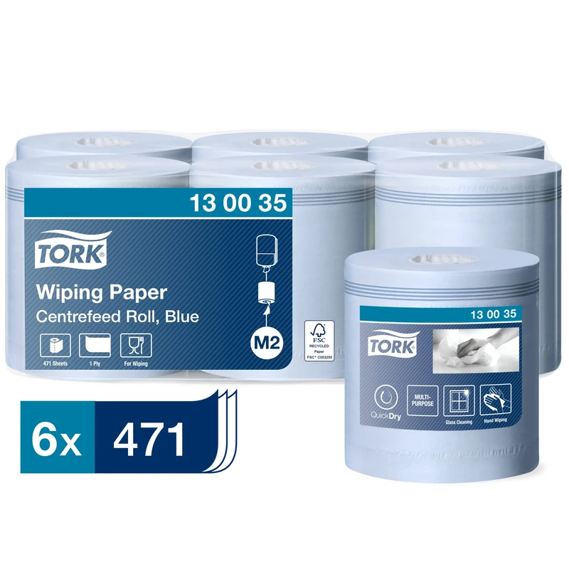 Tork 130035 Multipurpose Wiping Paper Towels/Paper Rolls Suitable for M2 Centrefeed System Big Dispensers/Blue / 6 x 165m / Ø 19cm