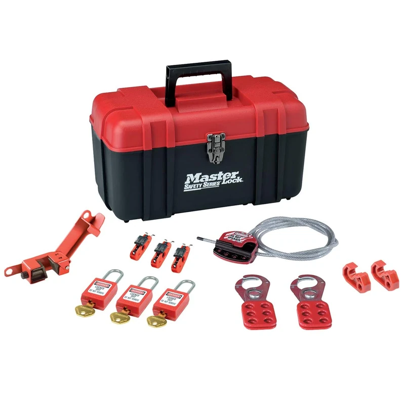Master Lock S1117ES31KA Lockout Tagout Kit for Electrical Lockout Including 3 Thermoplastic Padlocks, 1 Cable, 2 Hasps, 6 Circuit Breakers
