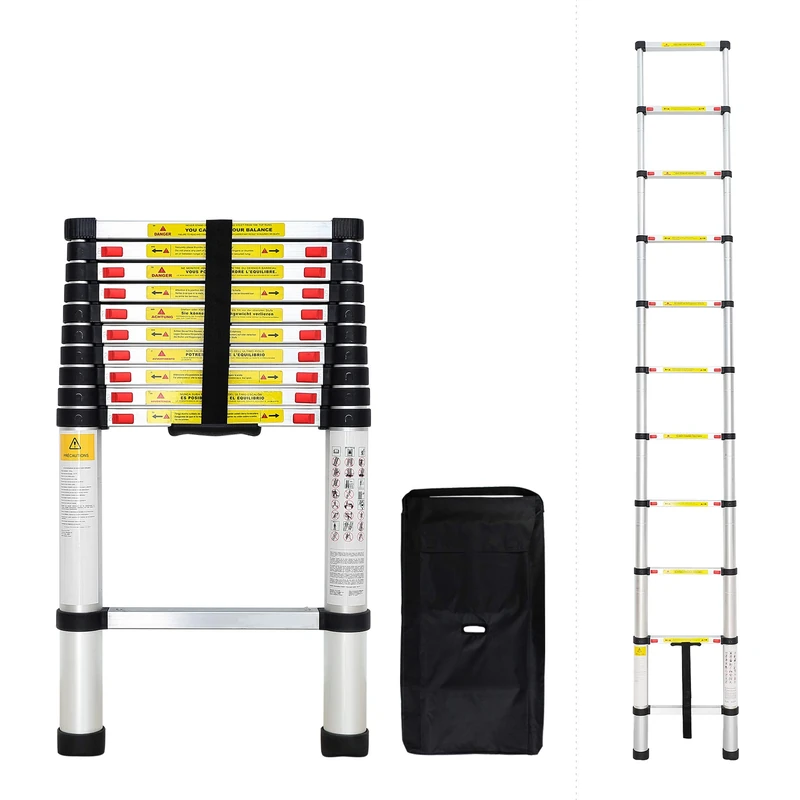 Todeco - Telescopic ladder, Foldable Ladder - Maximum load: 330 lbs - Standard/Certification: EN131 - 10.5 feet, EN 131, FREE Carry bag
