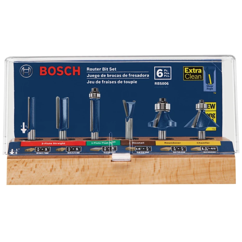 BOSCH RBS006 6-Piece 1/4 in. Shank Carbide-Tipped Multi-Purpose Router Bits Assorted Set with Included Storage Case for Applications in Straight, Trimming, Decorative Edging, Dovetail Joinery