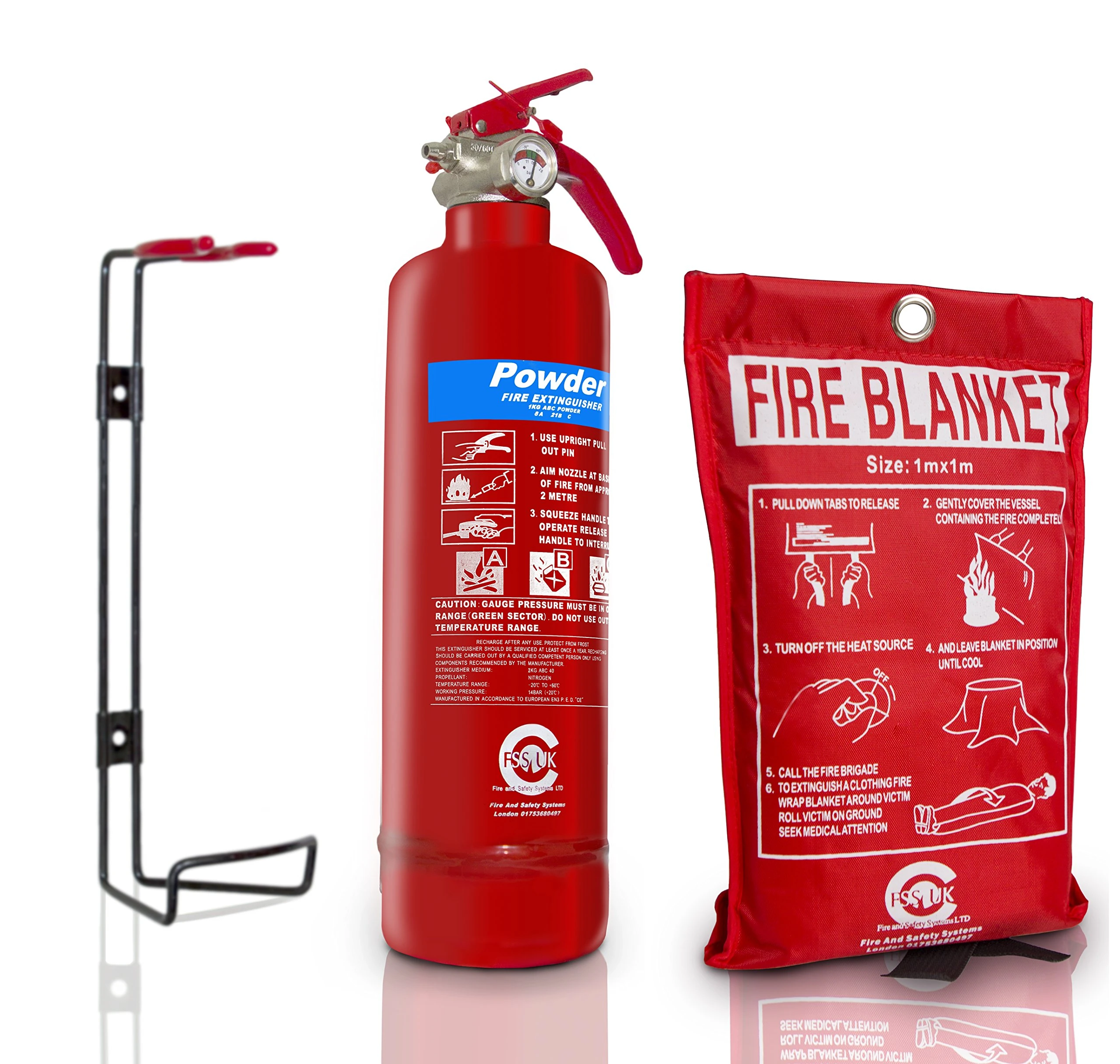 Premium FSS UK 1 KG ABC Dry Powder BSI KITEMARKED FIRE Extinguisher with CE Marked FIRE Blanket. Ideal for Homes Boats Kitchen Workplace Offices Cars Vans Warehouses GARAGES Hotels Restaurants
