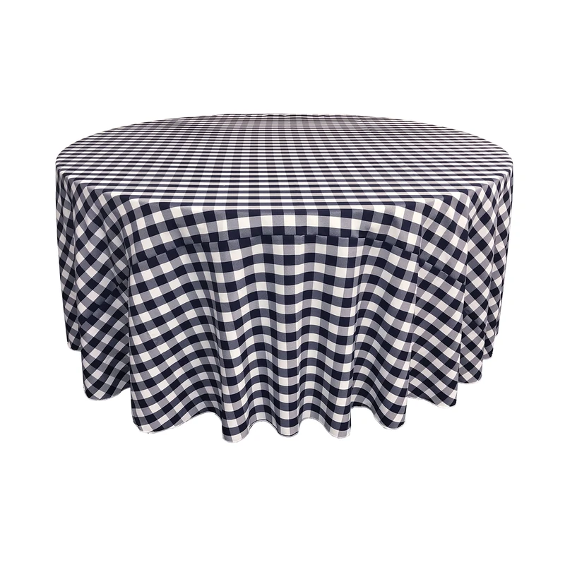 LA Linen Poly Checkered Round Tablecloth, 120-Inch, Navy/White
