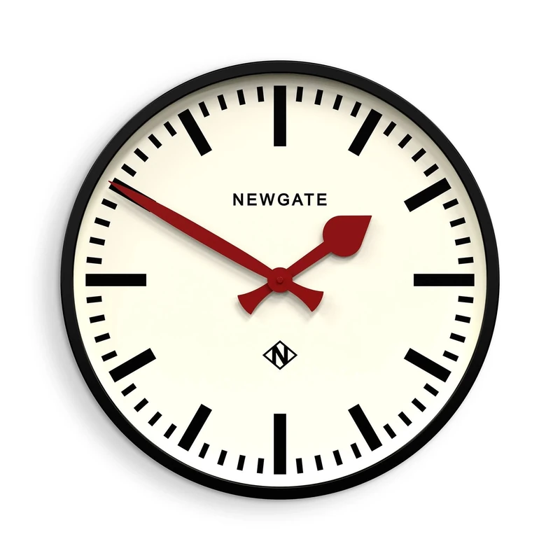 NEWGATE® Putney wall clock | Large retro inspired modern station clock | 45cm | Deep gloss black metal case with red hands | Industrial mid century style for kitchen, living room or office