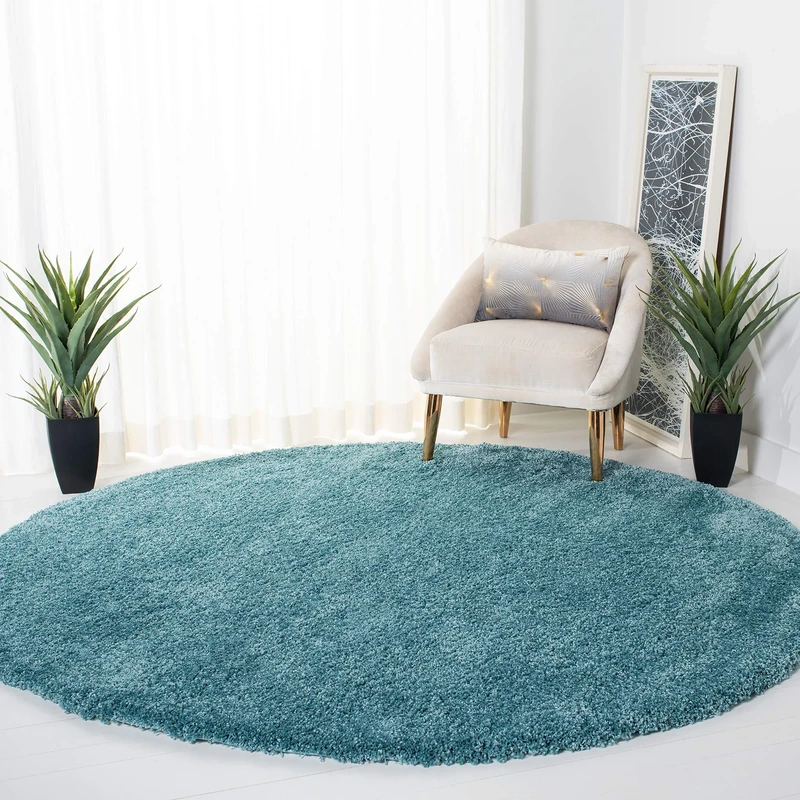 Safavieh Shaggy Indoor Woven Round Area Rug, Milan Shag Collection, SG180, in Aqua Blue, 213 x 213 cm for Living Room, Bedroom or Any Indoor Space