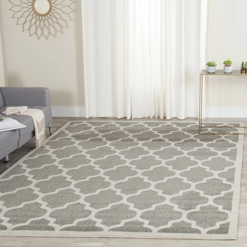 SAFAVIEH Trellis Rug for Indoor & Outdoor - Amherst Collection, Short Pile, in Dark Grey and Beige color, 213 X 213 cm