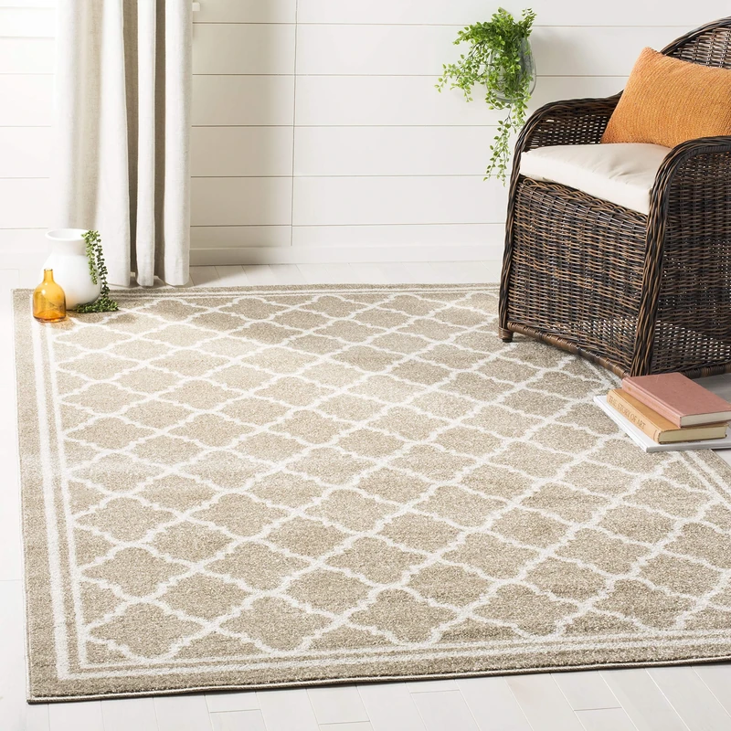Safavieh Moroccan Trellis Indoor/Outdoor Woven Rectangle Area Rug, Amherst Collection, AMT422, in Wheat / Beige, 183 X 274 cm for Garden, Patio or Any Outdoor Space