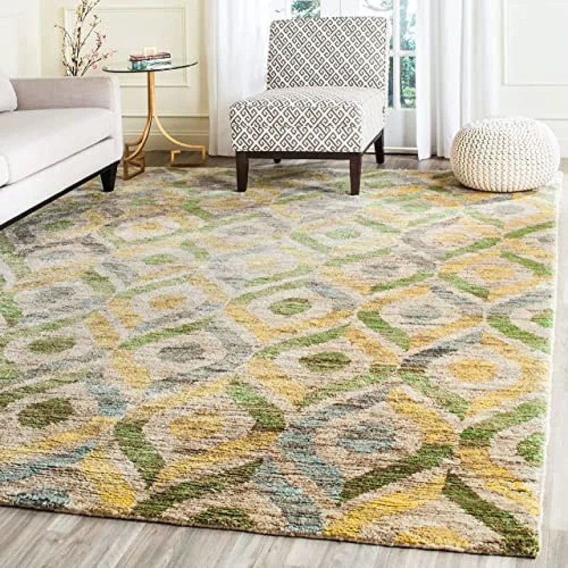 Safavieh Boho Indoor Hand Knotted Rectangle Area Rug, Bohemian Collection, BOH633, in Bleach / Blue, 152 X 244 cm for Living Room, Bedroom or Any Indoor Space