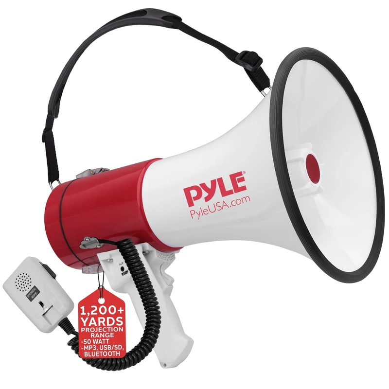 Pyle PMP52BT Bluetooth Megaphone Bullhorn with AUX Input and Built-In USB Flash, White/Red