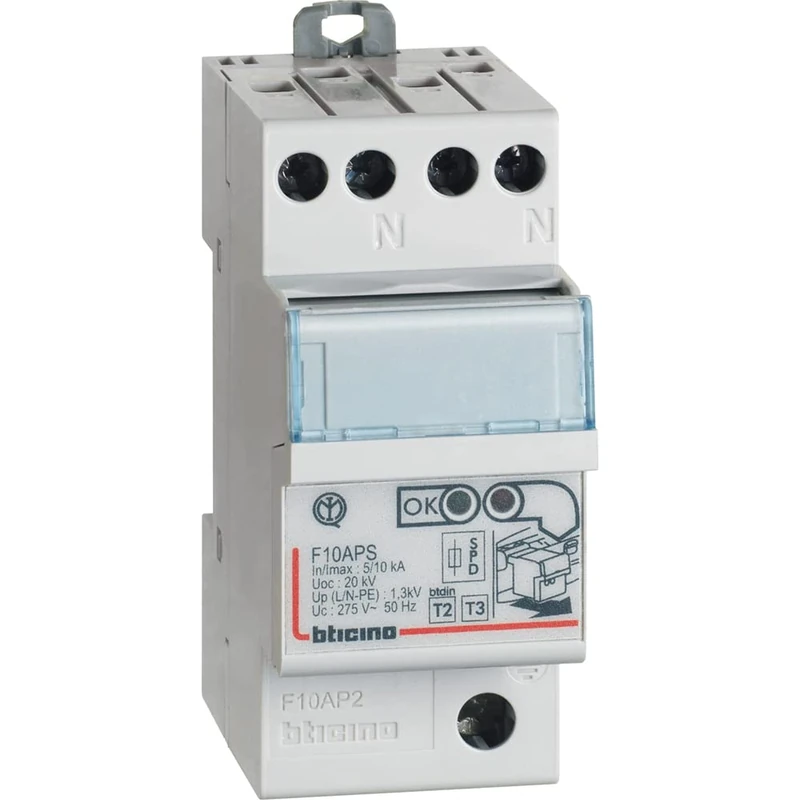 BTicino F10AP2 BTDIN Series Auto-Protected Surge Protection Device SPD, 2 poles, 10kA in, Grey