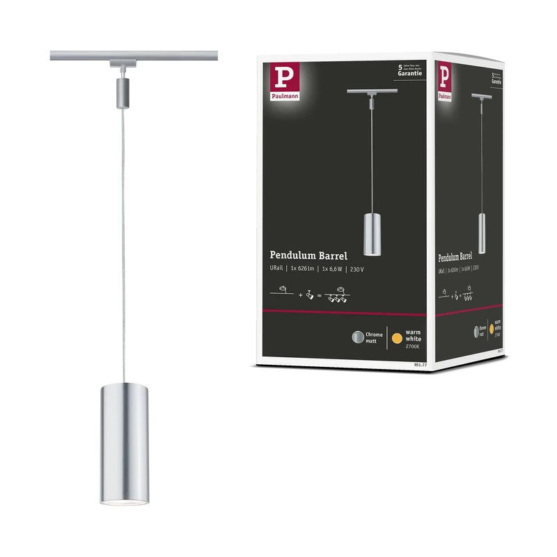Paulmann 95177 Barrel URail LED Pendant 370lm 6W 2700K 230V Chrome matt, anodised Aluminium Rail System