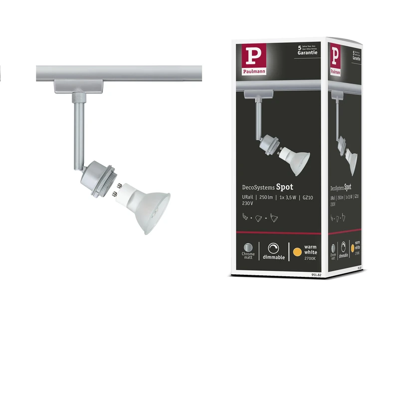 Paulmann 95182 DecoSystems Basic URail Individual spot GZ10 250lm 3.5W 2700K dimmable 230V Chrome matt Rail System