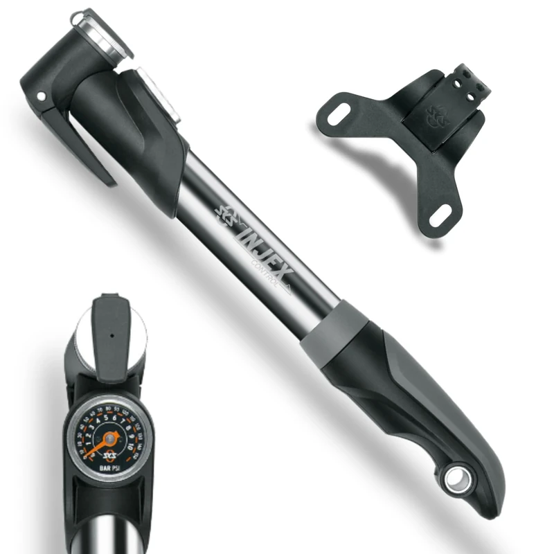 SKS GERMANY INJEX CONTROL mini pump (air pump for all valve types, T-handle with telescopic function, pressure gauge, valve clamp lever, max. pressure: 10 bar/144 PSI)