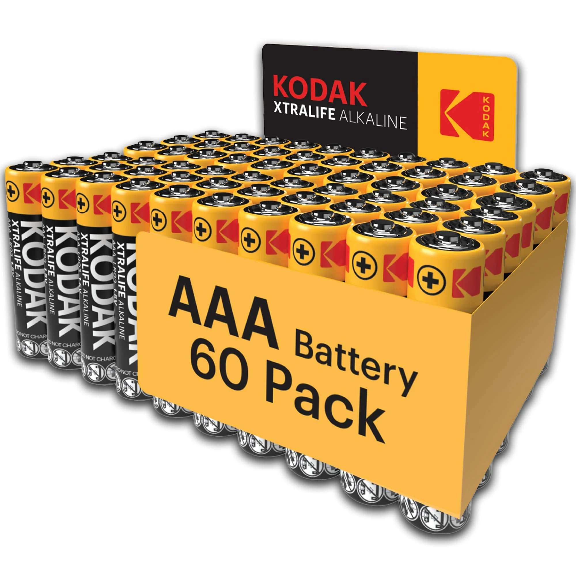 Kodak Xtralife 60-Pack AAA Batteries, Triple A Battery Pack, LR03 Alkaline 1.5V, 10-Year Shelf Life, Ideal for High-Drain Devices, 6x More Power, Plastic Free Cardboard Outer Carton