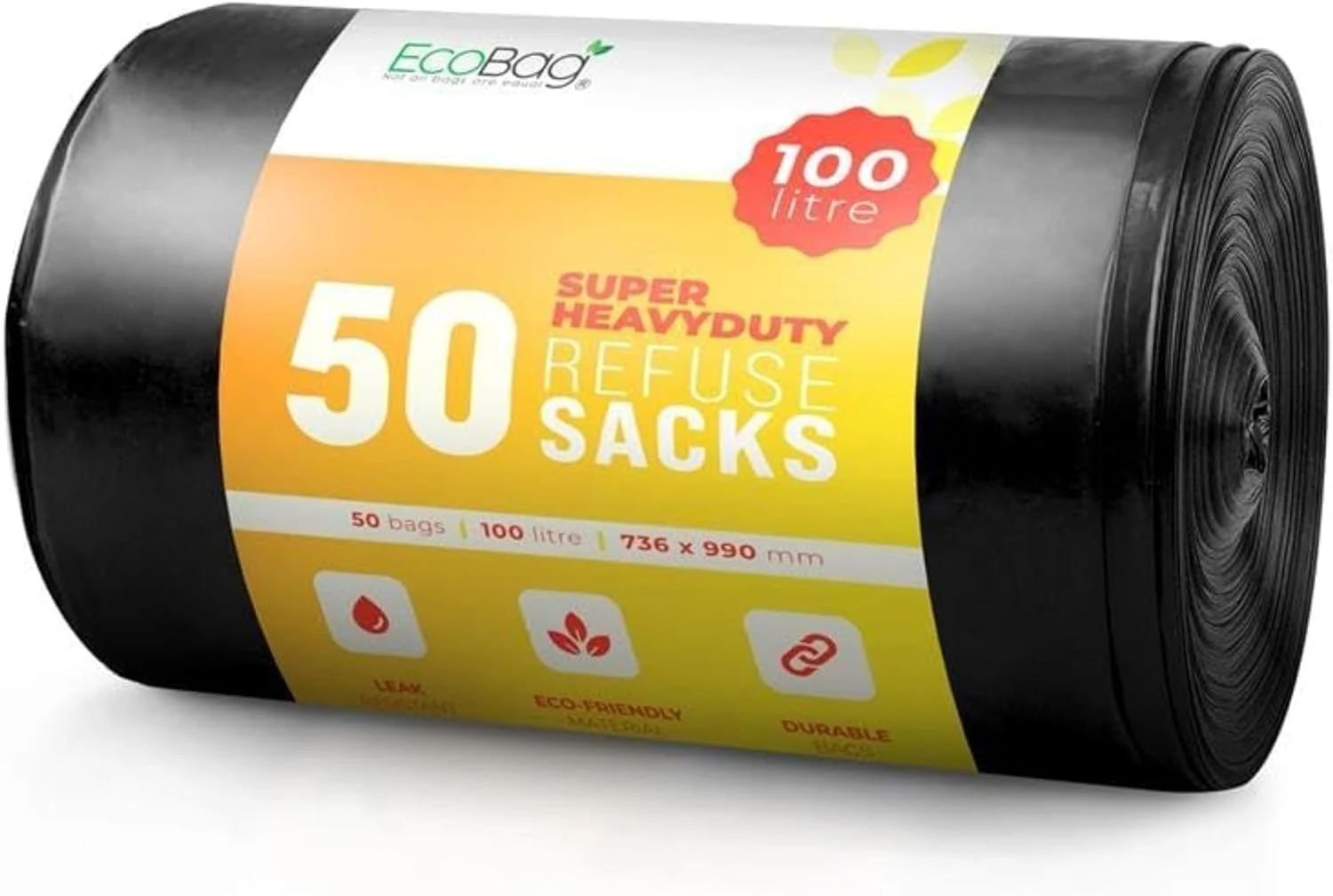 EcoBag - 50 Pack Heavy Duty Bin Bags - 100L - 35 Microns - Recyclable,Leak Resistant Seal, Eco-Friendly Rubbish Bag, Sustainable Refuse Sack for Home, Office & Kitchen (736 x 990 mm)Packaging May Vary