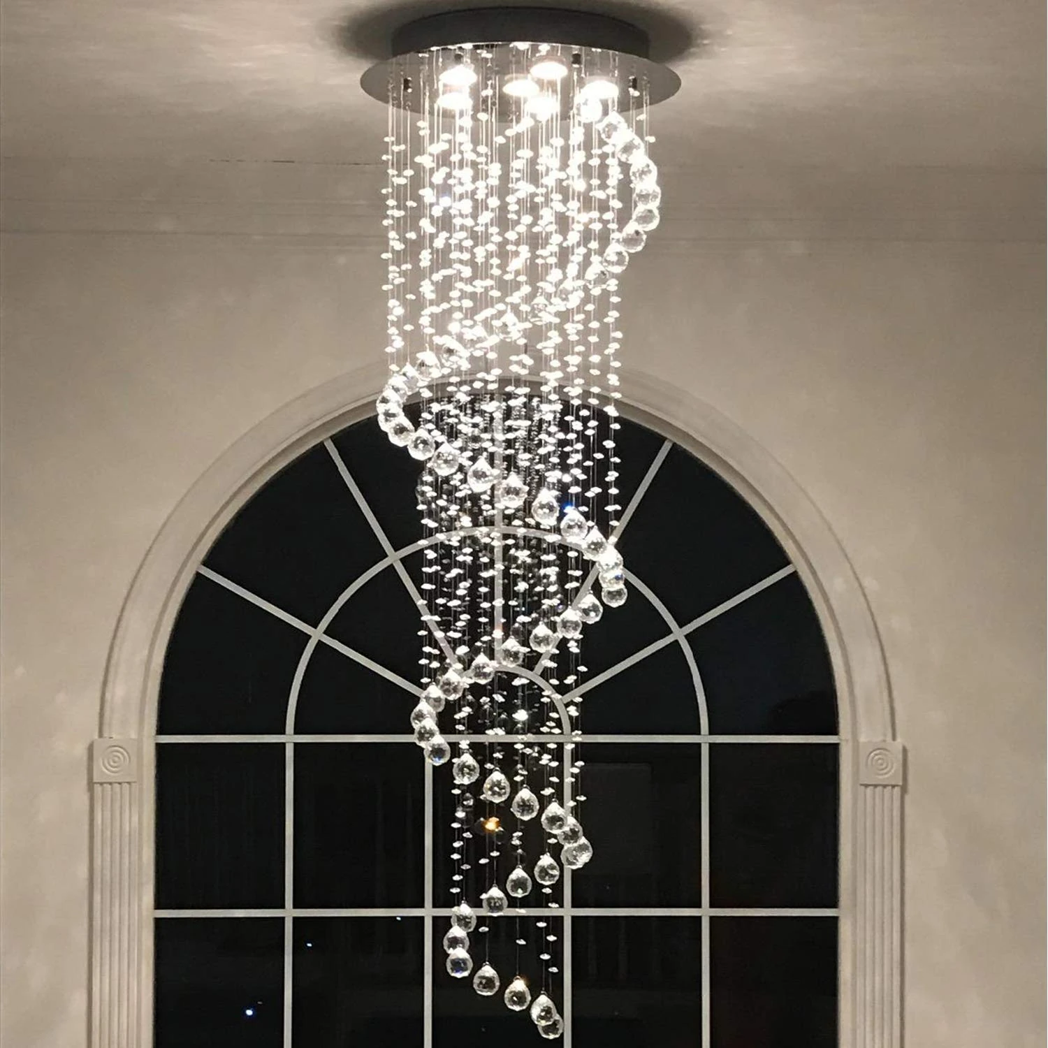 Modern Contemporary Swirl Chandelier With All Crystal Balls for High Foyer Dining Room Kitchen D20 X H61 Inches Of Ella Fashion