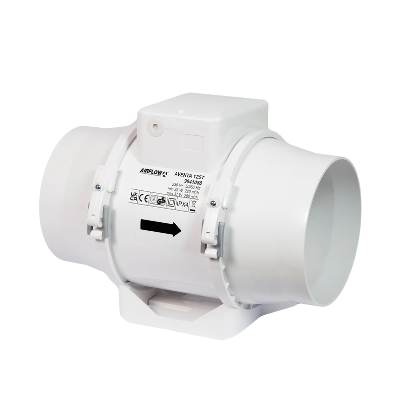 Airflow Aventa 125T In-Line Extractor Fan with Timer –23W Energy-Saving, 61-78 l/s Flow Rate, 2 Speed, Adjustable Timer 2-30 Minutes, Compact Design (190x246x136 mm), Fits 125mm Duct, 3-Year Warranty