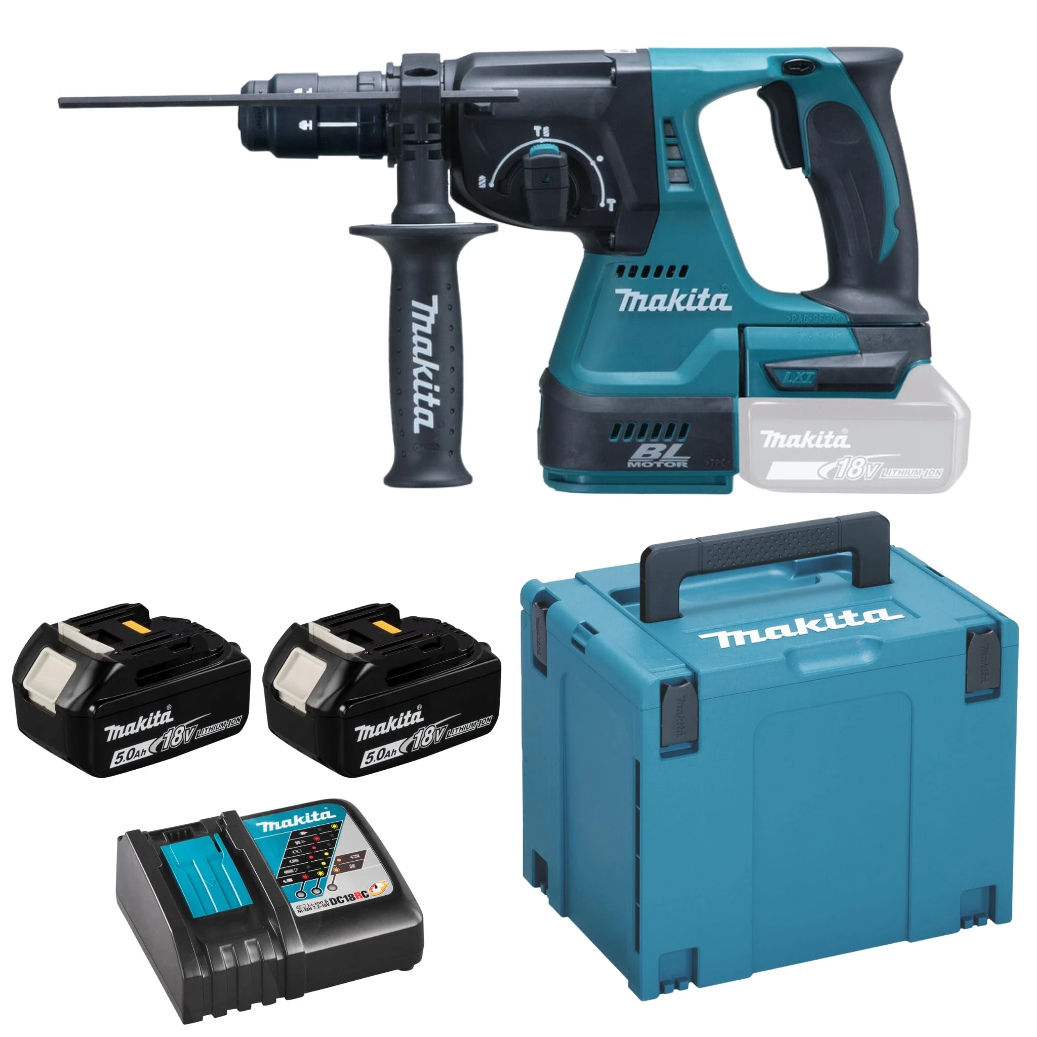 Makita DHR243RTJ 18V Li-ion LXT 24mm Brushless SDS-Plus Rotary Hammer Complete with 2 x 5.0 Ah Batteries and Charger Supplied in a Makpac Case